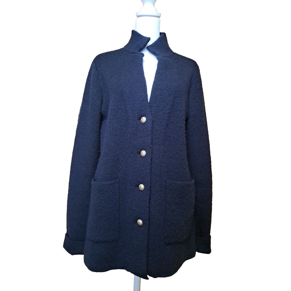 Halston Women's Navy‎ Blue Wool Blend Button Cardigan Jacket Large Workwear Chic
